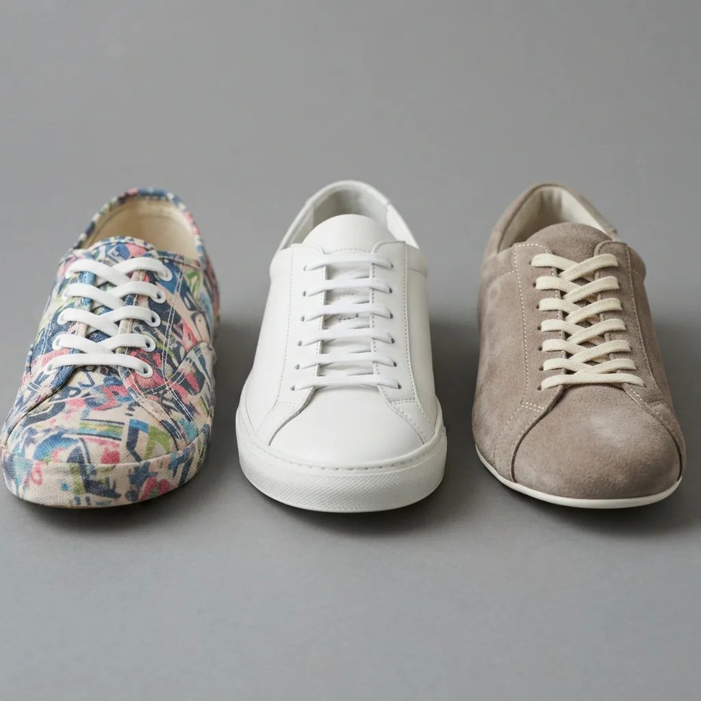 A side-by-side comparison of canvas, smooth leather, and soft suede sneaker uppers.