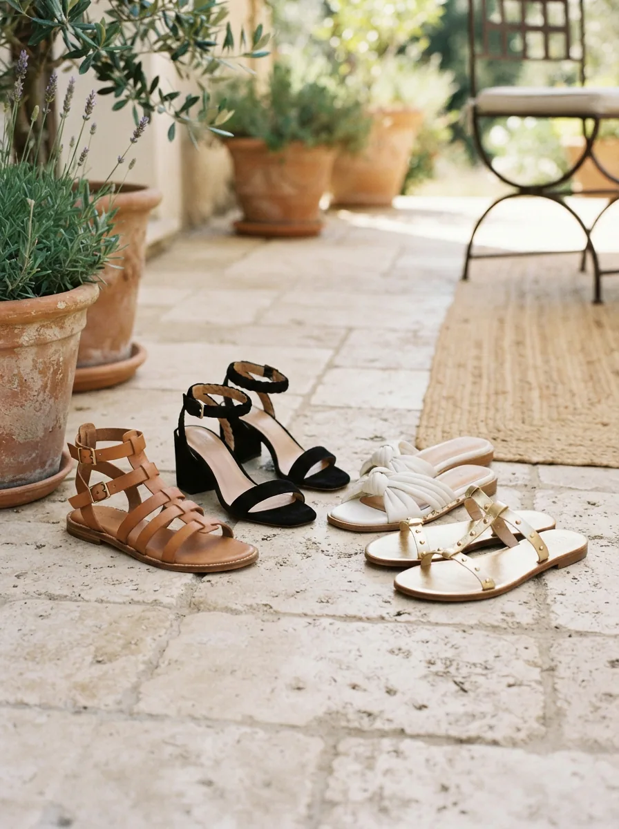 A stylish assortment of Louise et Cie sandals arranged on a sun-drenched patio.