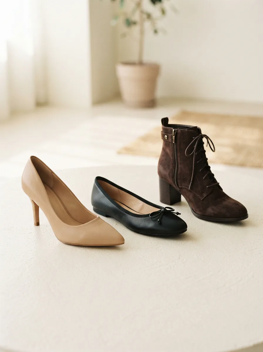 A stylish arrangement of Louise et Cie women's shoes on a light background, showcasing various styles like heels, flats, and boots.