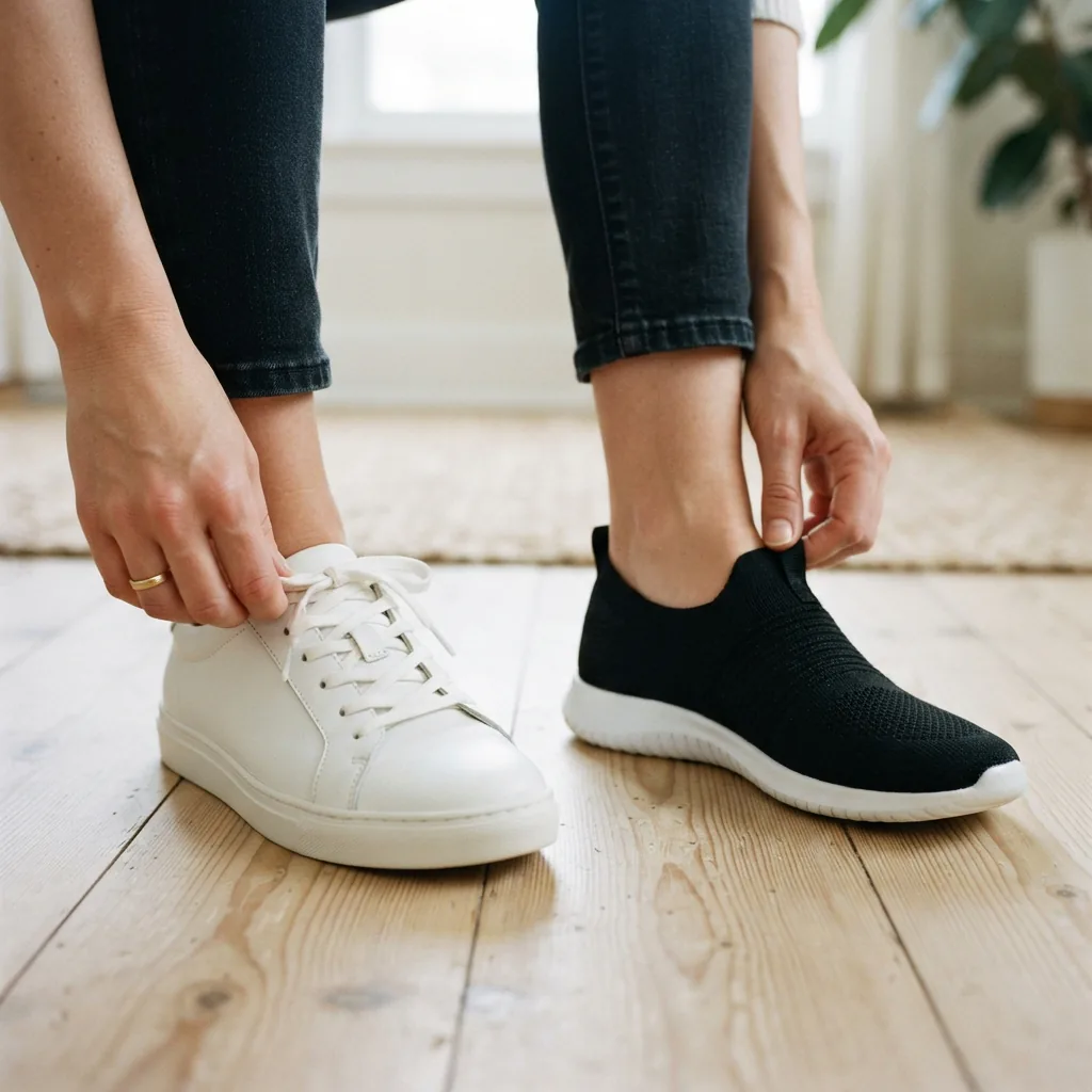 A woman's hands lacing up a white leather sneaker next to a hand effortlessly slipping into a black knit sneaker.
