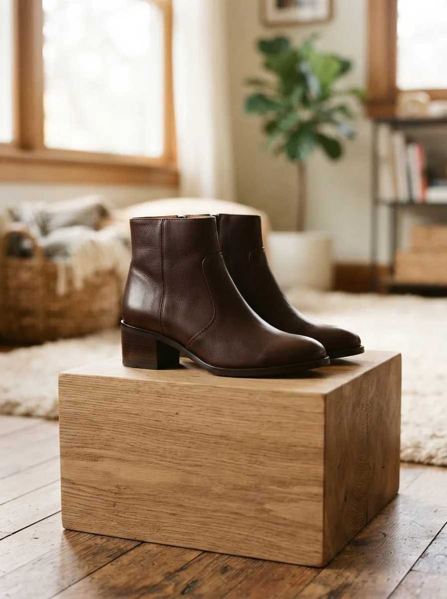 A stylish pair of Louise et Cie leather ankle boots presented on a wooden block