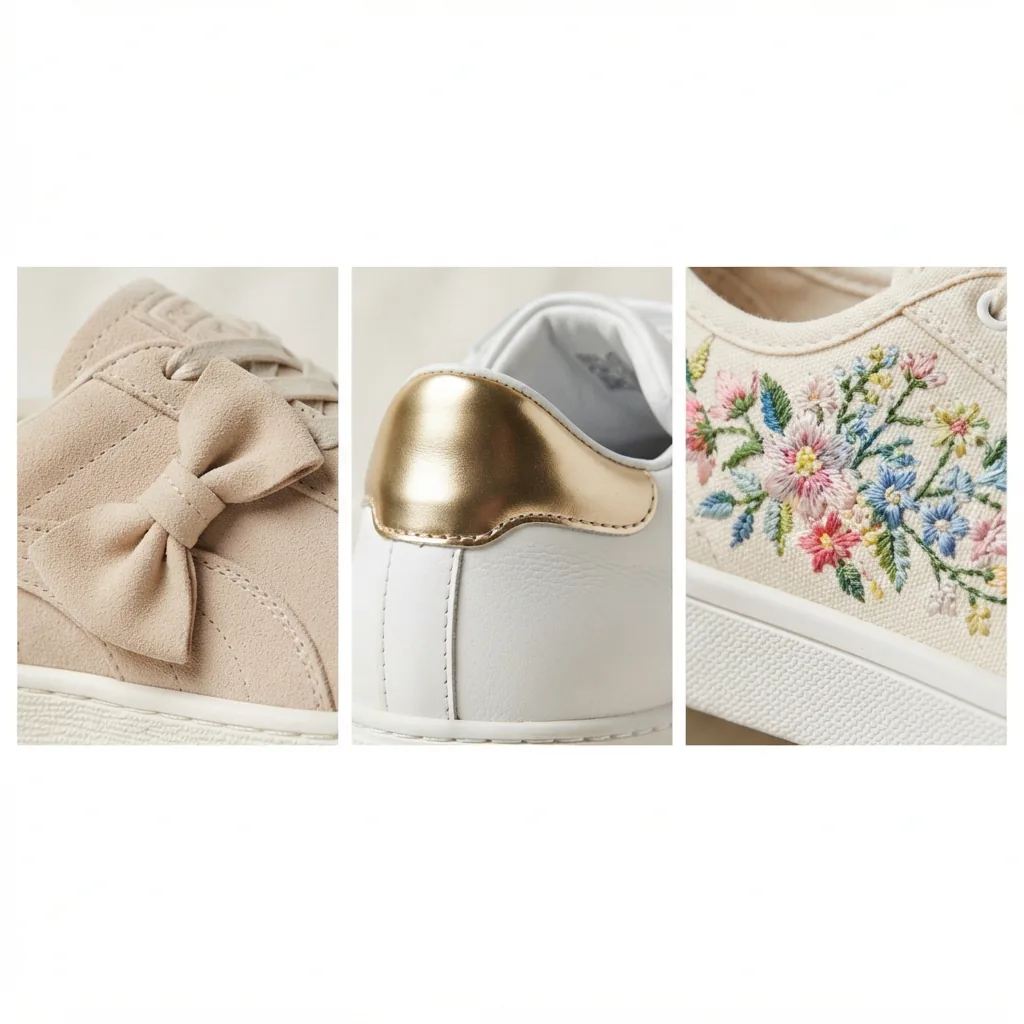 Close-up details of a sneaker bow accent, a metallic heel tab, and an embroidered floral motif.