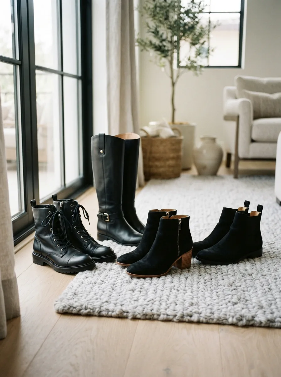 A styled scene showcasing a variety of black leather and suede boots on a neutral background.