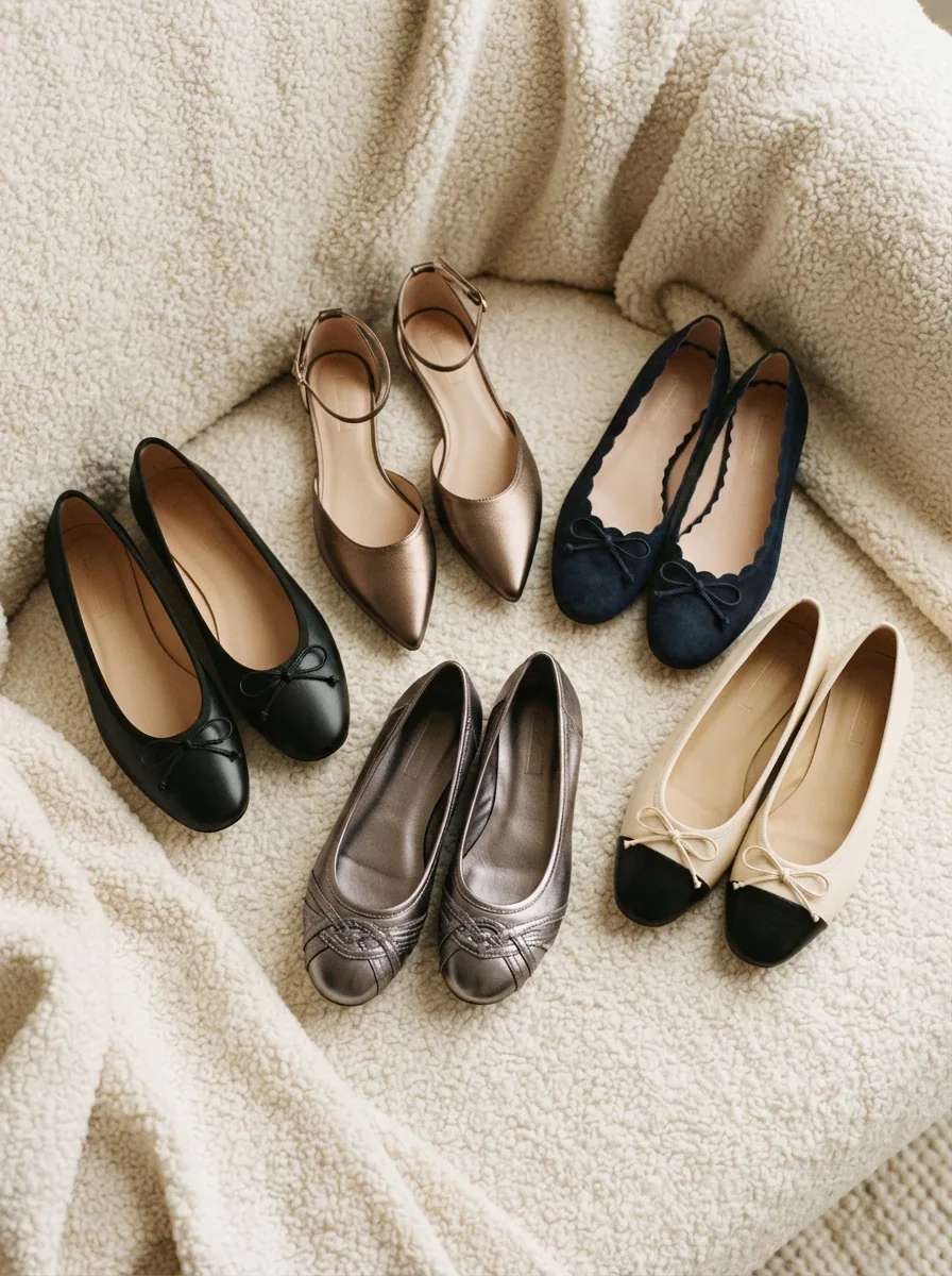 A beautifully styled arrangement of several Louise et Cie ballet flats on a soft, textured surface.