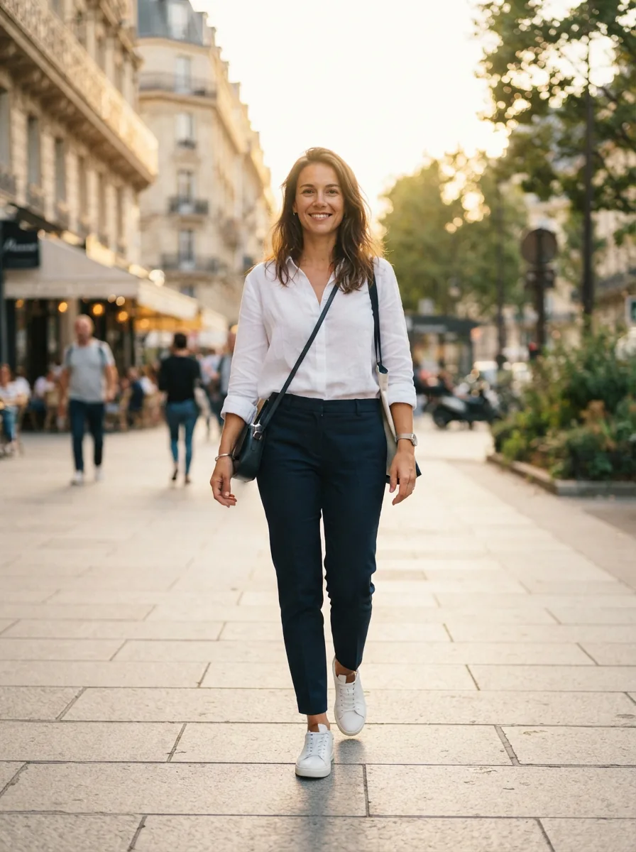 A stylish woman walking down a sunlit city street, confidently wearing Louise et Cie sneakers with a chic, tailored outfit.