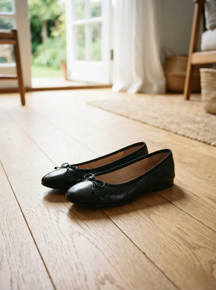 A graceful pair of classic leather ballet flats placed on a sunlit wooden floor near an open doorway.