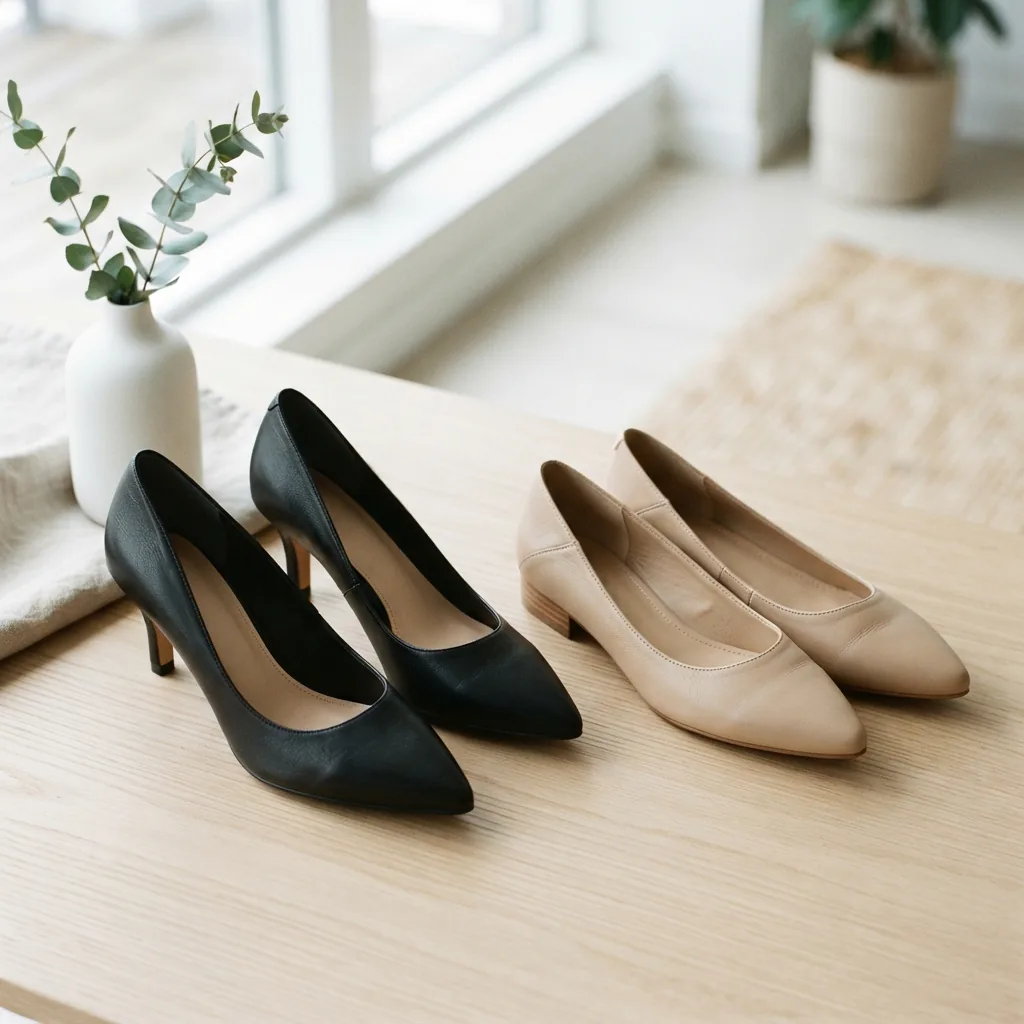 A collection of women's shoes displayed in a bright, modern setting, showing different heel styles.