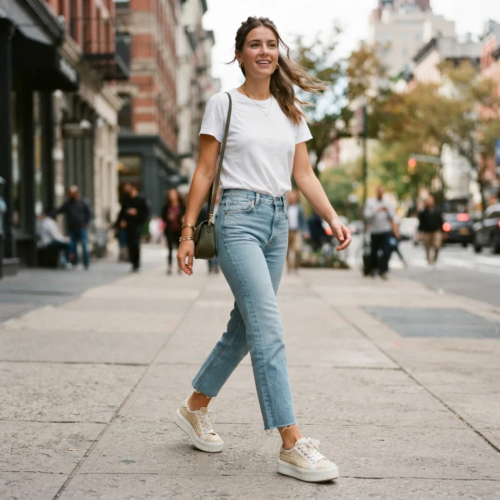 A person wearing platform sneakers walking confidently on a city sidewalk, paired with cropped jeans.