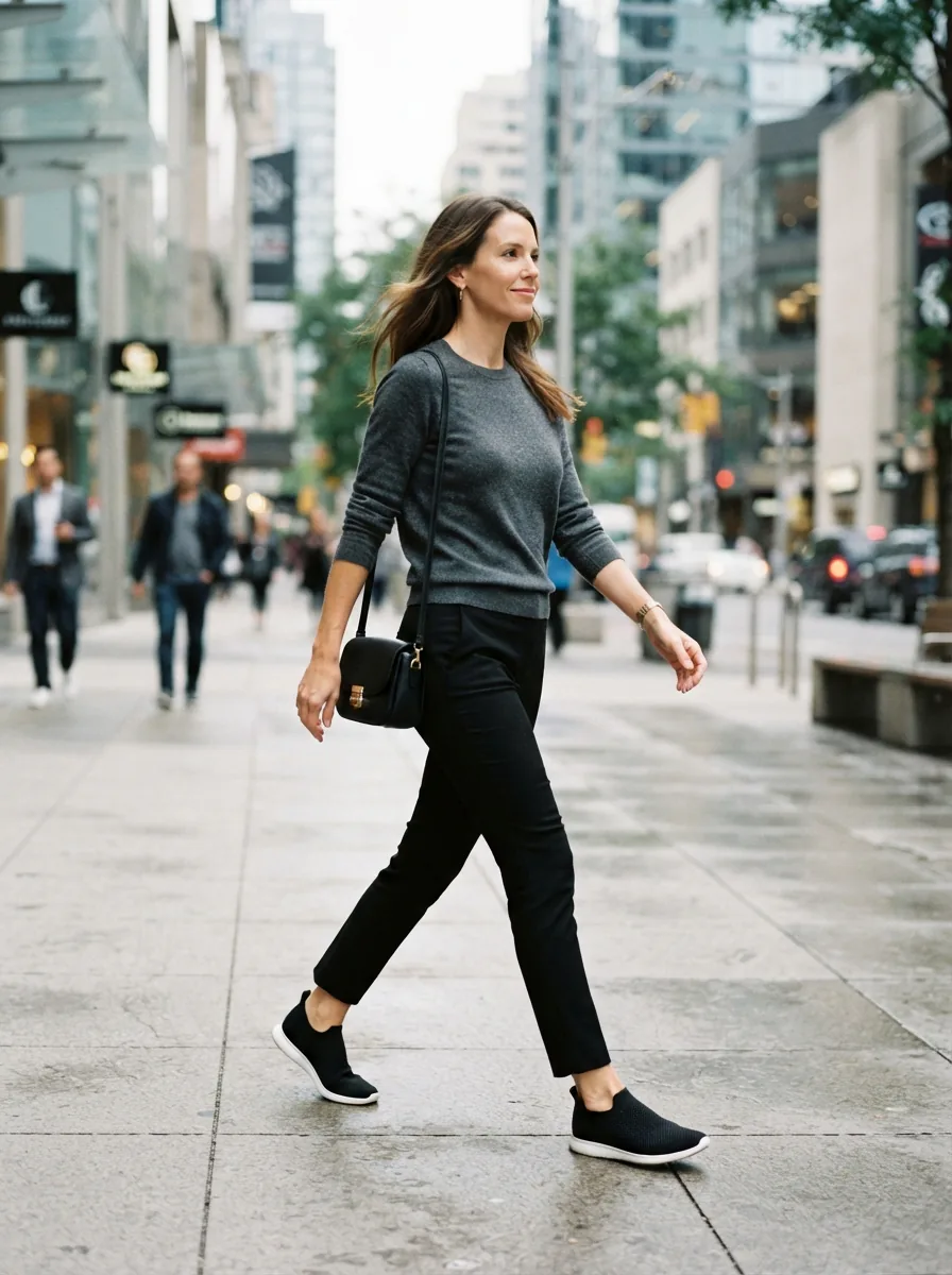 A person wearing the black Louise et Cie knit slip-on sneaker while walking on a city sidewalk, dressed in minimalist, modern attire.